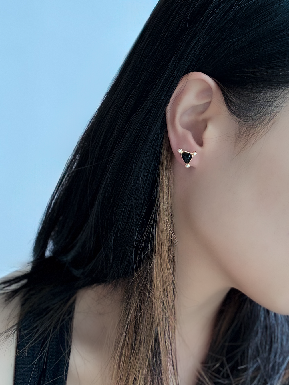 黑瑪瑙三角形淡水珍珠925耳環